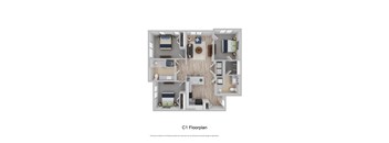 A C1 Floorplan shows a bedroom, a living room, a kitchen, a bathroom, and a hallway.